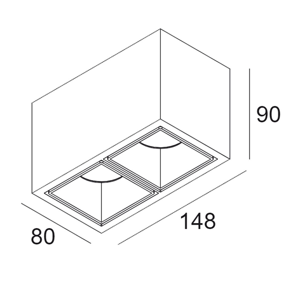 DeltaLight BOXY 2 L 92733 DIM8 Aufbaustrahler, L: 14,8 cm, B: 8 cm Weiß, Warmweiß 3000K Aufbaustrahler – technische Zeichnung