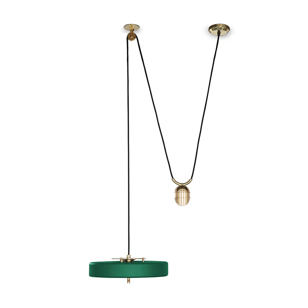 Luxusleuchten aus Großbritannien: Bert Frank Revolve Rise & Fall Pendelleuchte, Ø: 35 cm, Grün, Messing poliert, Messing und gebürstetes Aluminium und Polycarbonat, Designerleuchte aus England, gleichmäßige Beleuchtung, ikonische Revolve-Serie im Art Déco