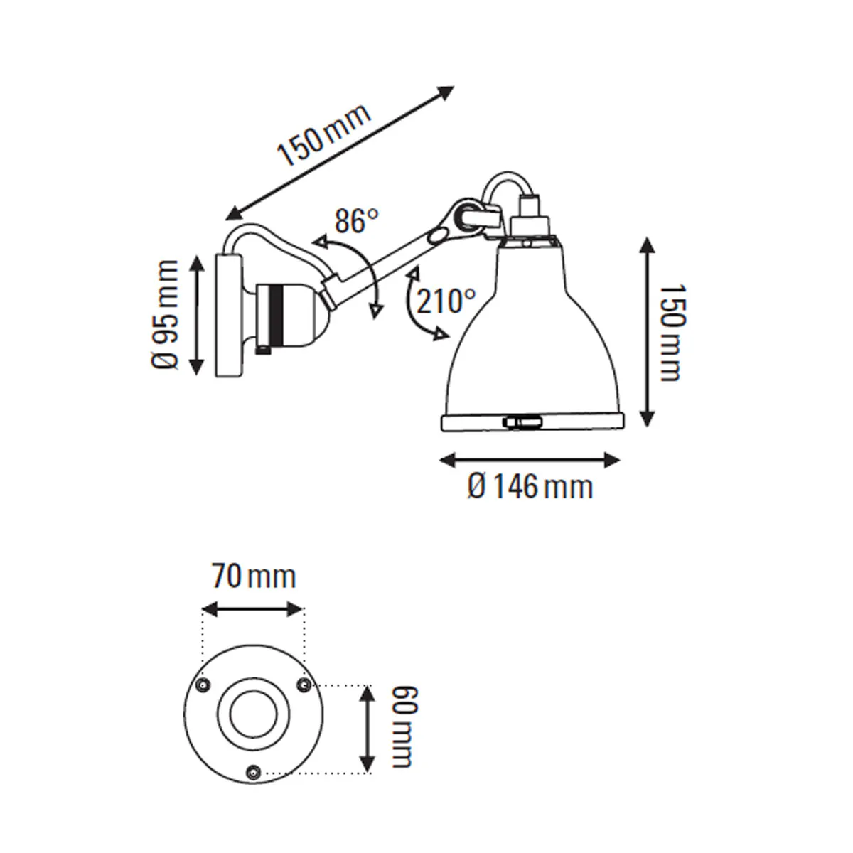 Technische Zeichnung DCW Editions Lampe Gras N° 304 Bathroom CL II Wandleuchte, T: 15 cm Schwarz, Schirm Kupfer roh, Weiß