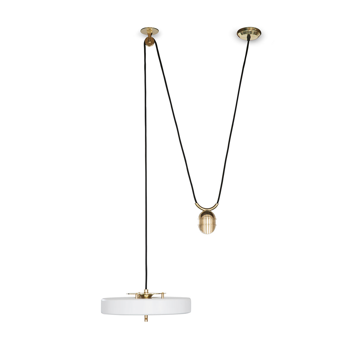 Perfekt für Esszimmer oder Lounge: Bert Frank Revolve Rise & Fall Pendelleuchte, Ø: 35 cm, Weiß, Messing poliert aus gebürstetes Messing und Aluminium und Polycarbonat – blendfreies Licht