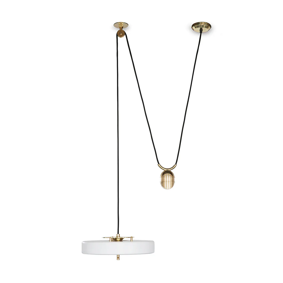 Perfekt für Esszimmer oder Lounge: Bert Frank Revolve Rise & Fall Pendelleuchte, Ø: 35 cm, Weiß, Messing poliert aus gebürstetes Messing und Aluminium und Polycarbonat – blendfreies Licht