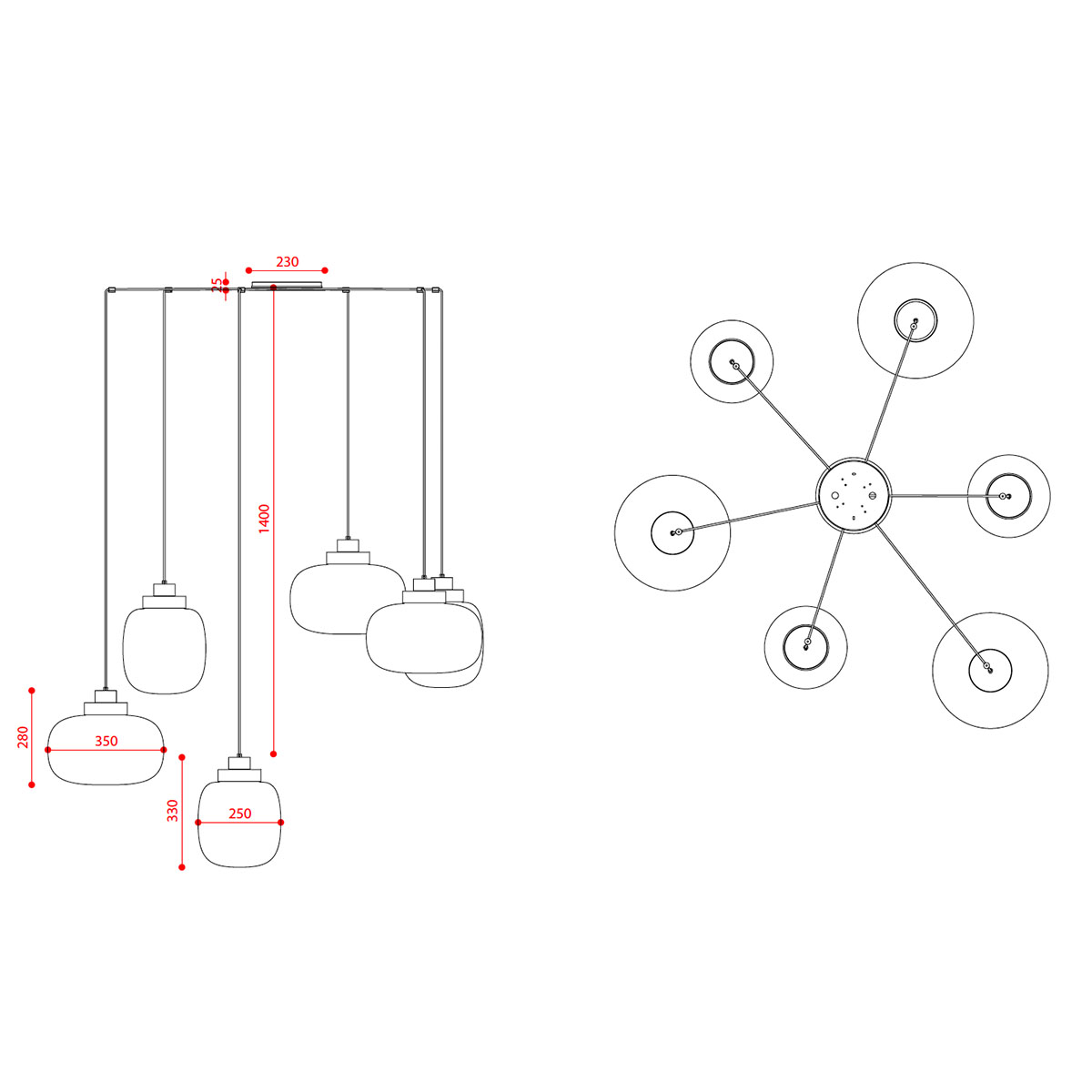 Legier 557.26 Pendelleuchte 6-flammig, Schwarz & Kupfer, Opalglas