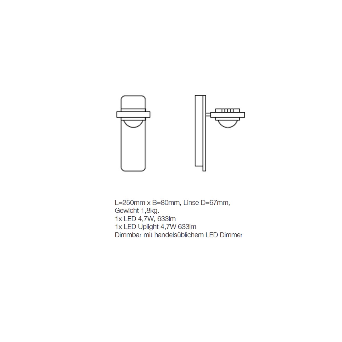 Ocular Wandleuchte mit Glas, H: 25 cm, B: 8 cm, Glas anthrazit