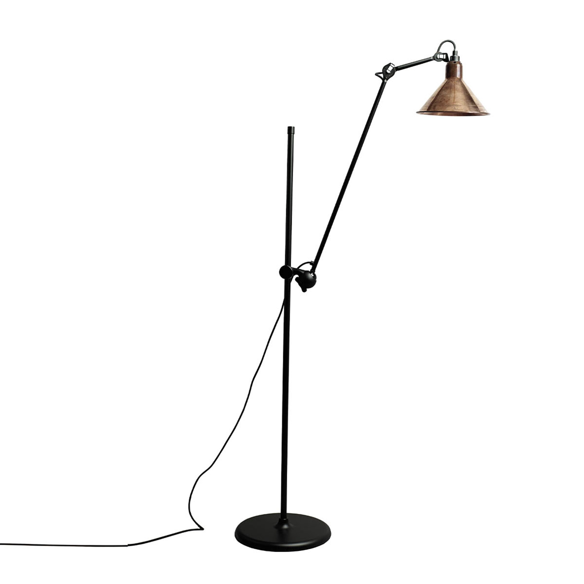 Lampe Gras N° 215 Stehleuchte, H: 135 cm Schwarz, Schirm Kupfer roh & Weiß Rund in Schwarz Kupfer – moderne Designerleuchte des Herstellers DCW Editions passt perfekt in eine Leseecke