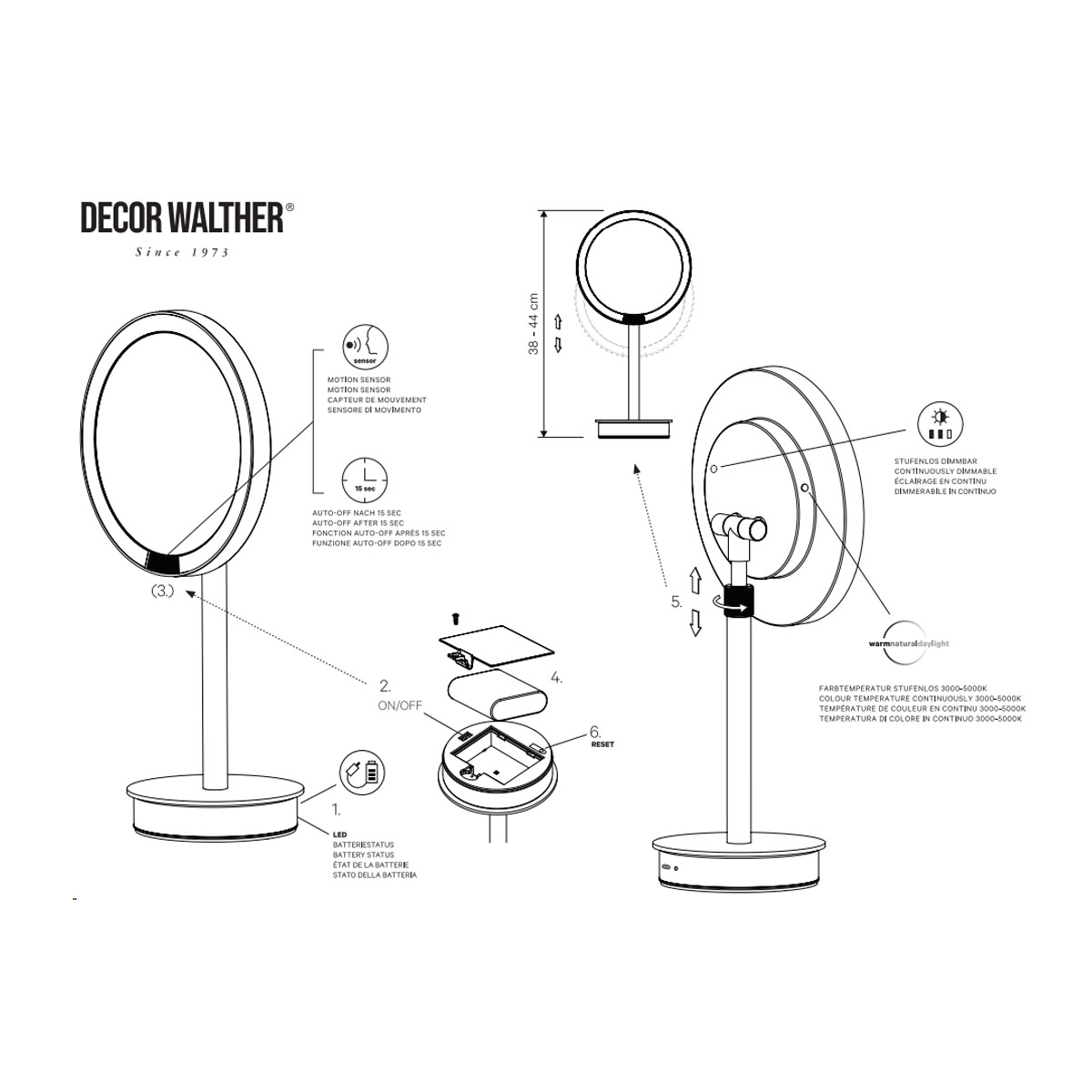 Technisches Datenblatt Decor Walther Just Look Plus SR Akku Tisch Schminkspiegel mit Licht Bad, H: 39-45 cm, Weiß matt, 5x Vergrößerung Kosmetikspiegel