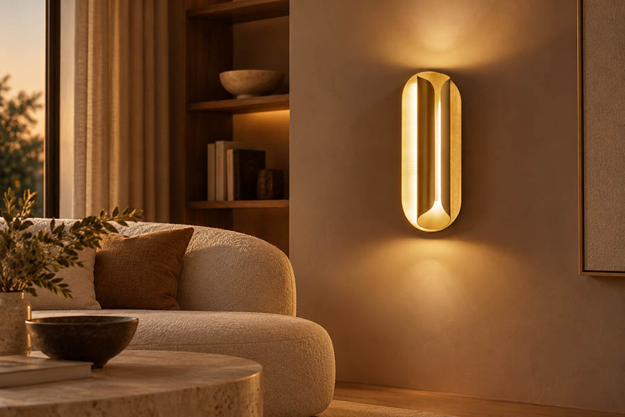 Goldene Wandleuchte mit weichem Licht im Wohnzimmer