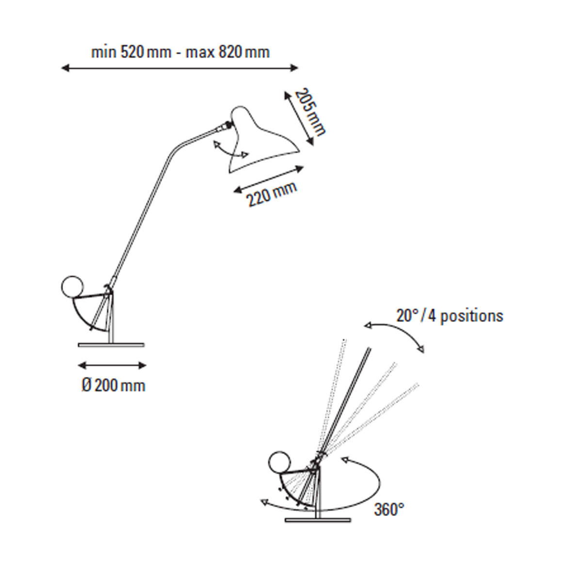 Technische Zeichnung DCW Editions Mantis BS3 Tischleuchte H: 63 cm - 84 cm Technische Zeichnung DCW Editions Mantis BS3 Tischleuchte H: 63 cm - 84 cm