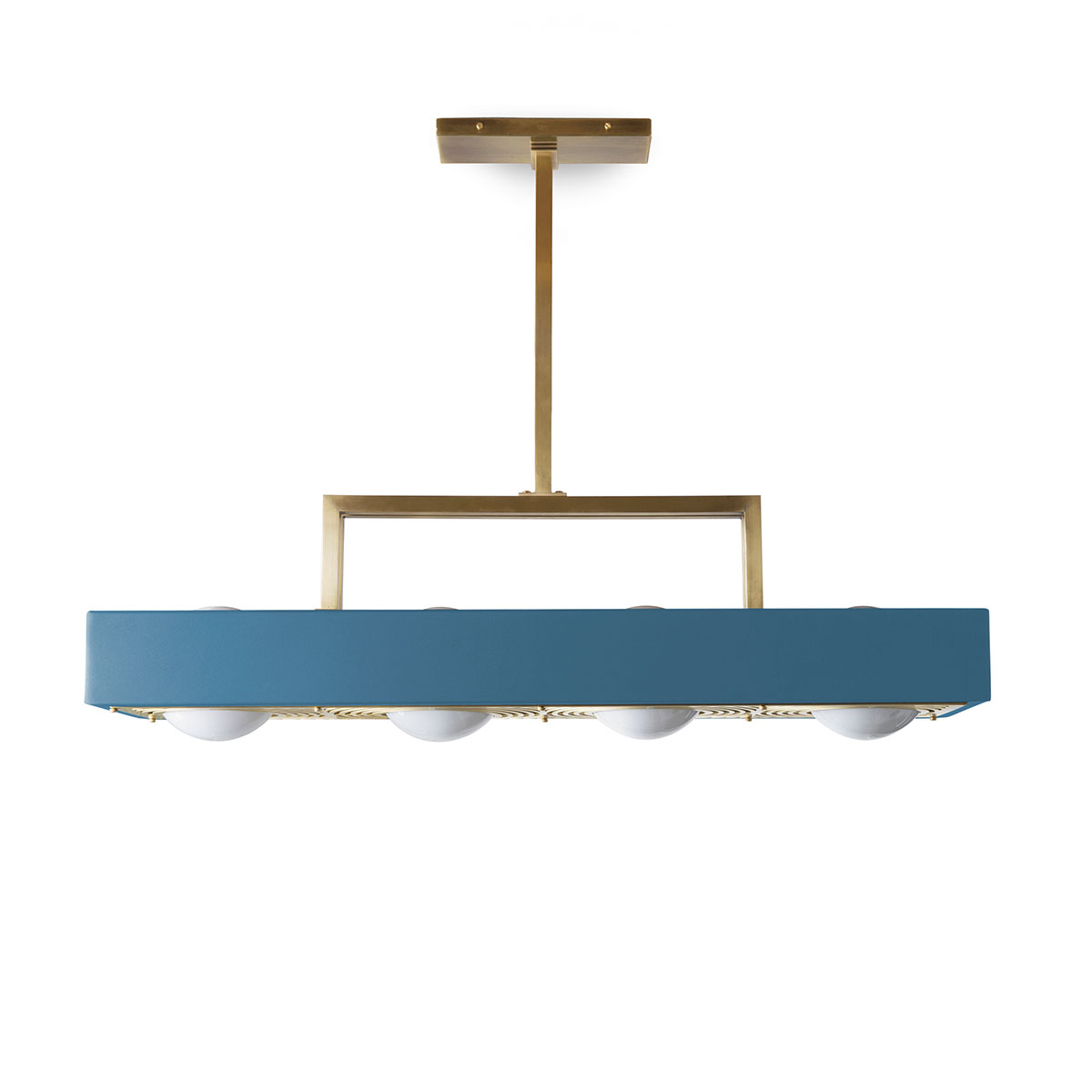 atmosphärisches Licht: Bert Frank Kernel Pendelleuchte, Blau, 4-flammig – gefertigt aus Messing und gebürstetes Aluminium und Glas, in Großbritannien produziert