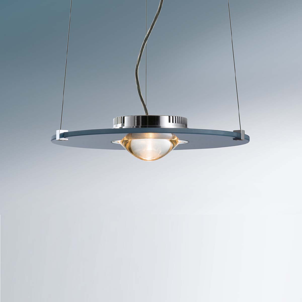 Solo Pendelleuchte, Ø: 30 cm, Glas blau, Big 100 Flache runde Pendelleuchte mit blauem Glas