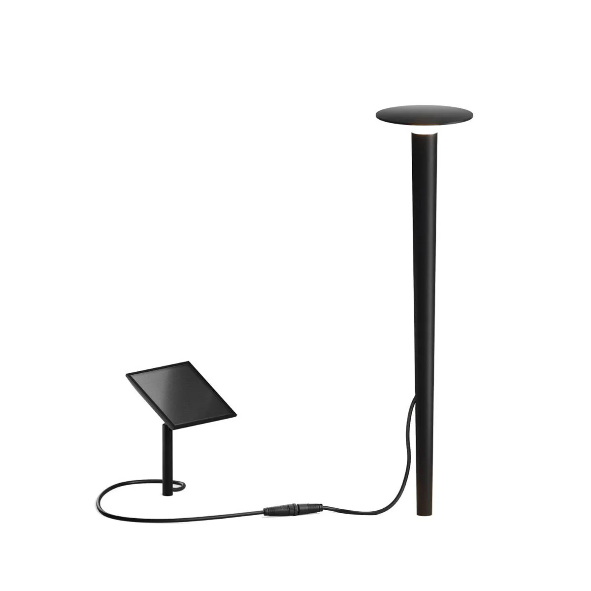 Längliche Erdspießleuchte schwarz mit Solarpanel und schwarzem Verbindungskabel