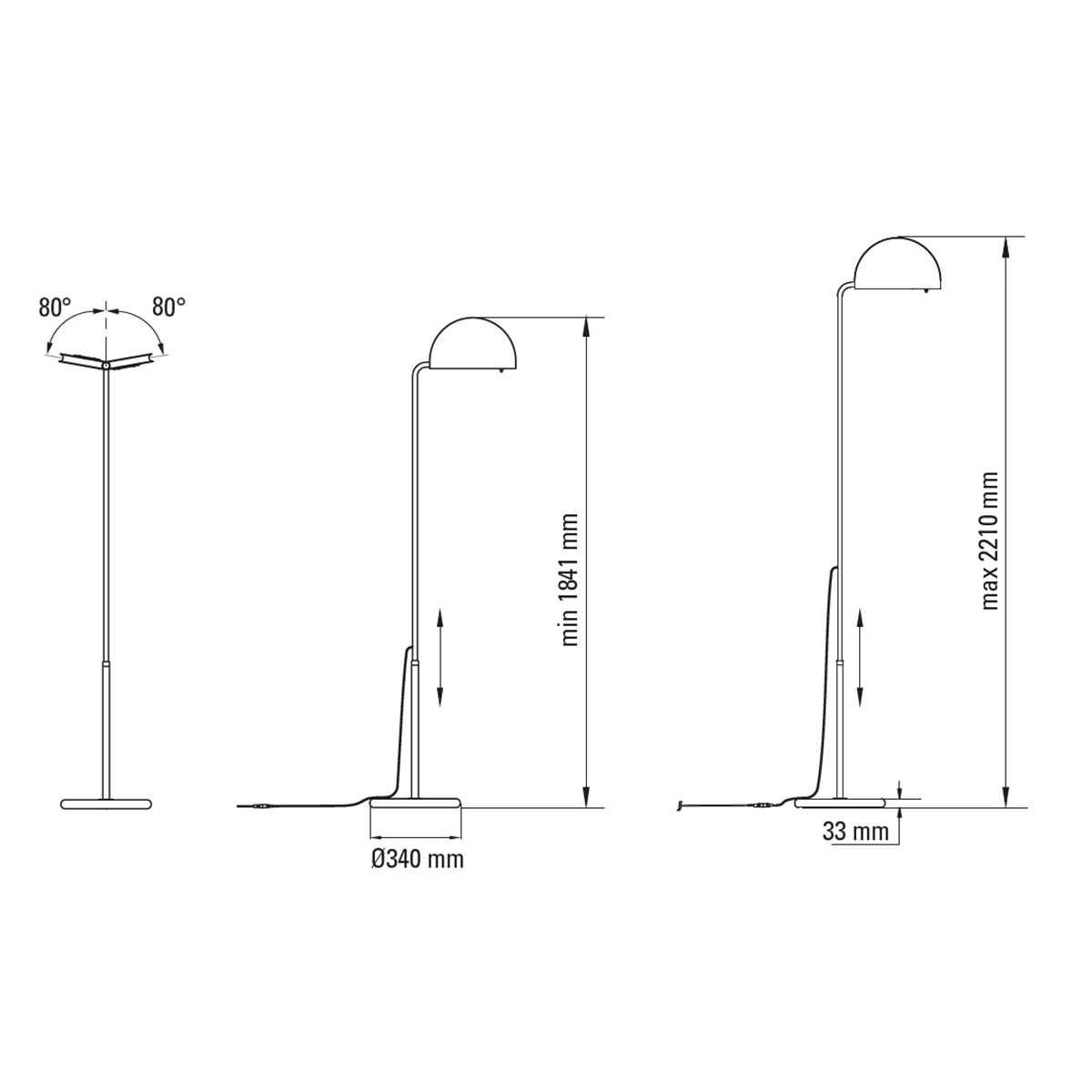 Technische Zeichnung DCW Editions Mezzaluna Floor Stehleuchte Chrom