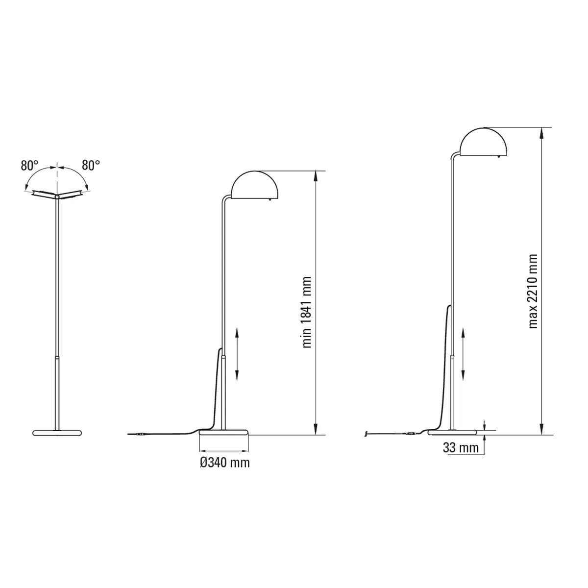 Technische Zeichnung DCW Editions Mezzaluna Floor Stehleuchte Chrom