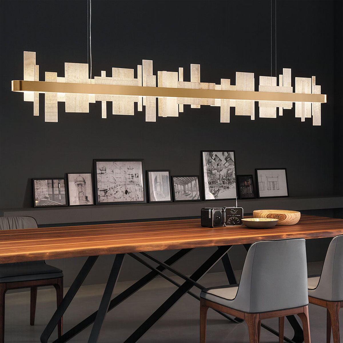 Honicé S200 Pendelleuchte, Onyx Stein, Gold brüniert, L: 200 cm