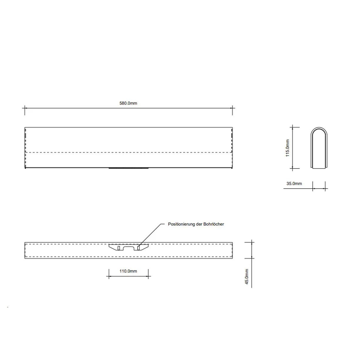 Technische Zeichnung Decor Walther Book 60 LED Wandleuchte Bad, Chrom, B: 58 cm Wandleuchten Maßzeichnung der Wandleuchten – Decor Walther Book 60 LED Wandleuchte Bad, Nickel satiniert, B: 58 cm