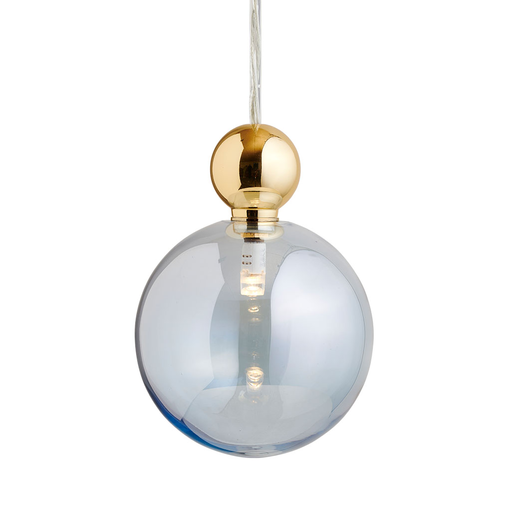 Uva Pendelleuchte L Ø 10 cm, Topaz Blue, Gold, mit Einzelbaldachin