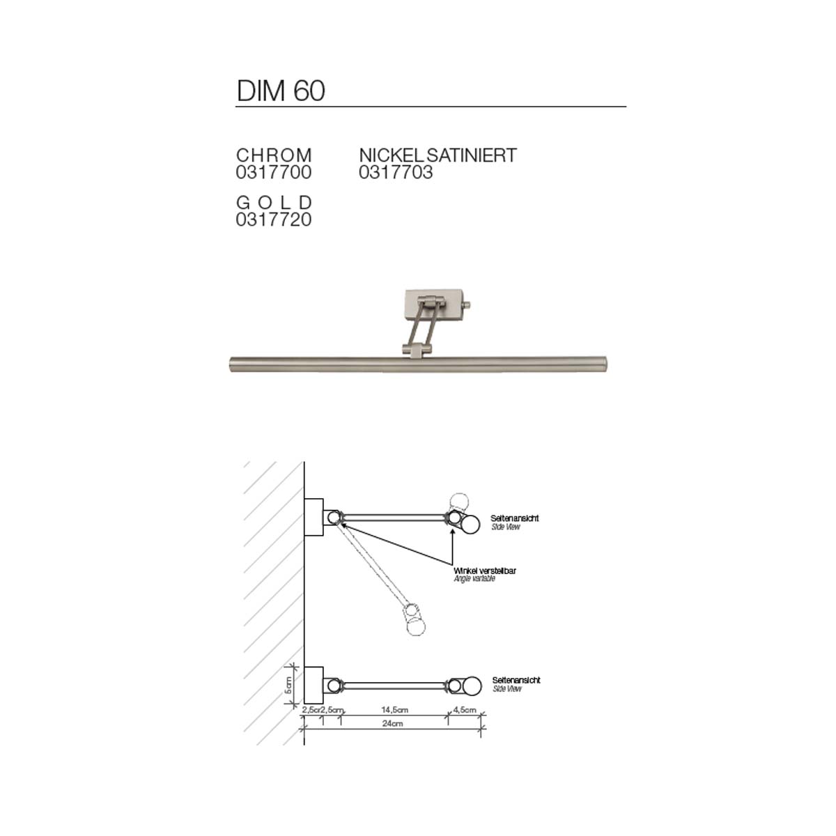 Wandlampe Decor Walther DIM 60 in Nickel oder Chrom, mit länglichem Leuchtarm und verstellbarem Winkel. Technische Zeichnung zeigt Maße und Wandabstand von 24 cm.