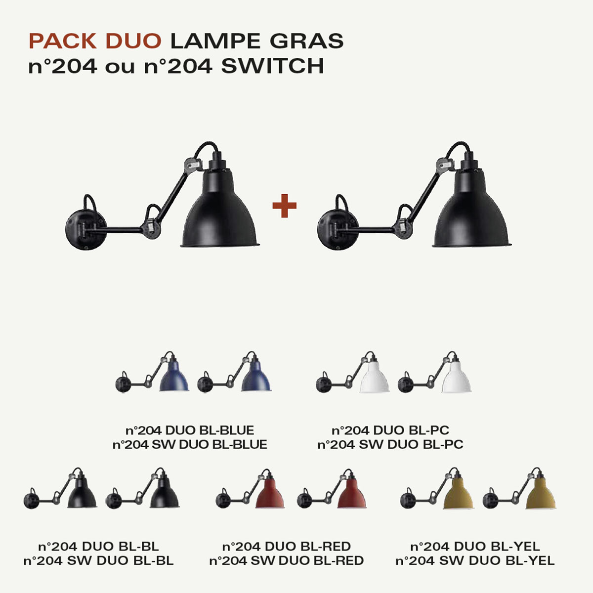 Spezial Angebot Pack Duo Lampe Gras N° 204 Wandleuchte Schwarz, Schirm Rot mit Schalter