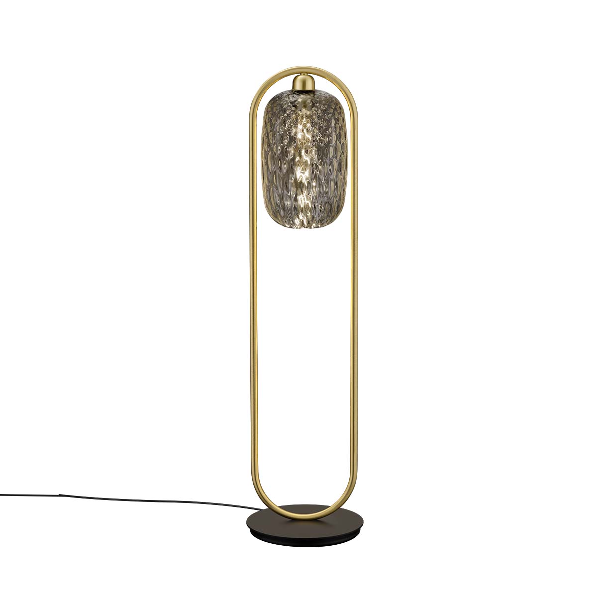 Elegante Stehleuchte in der Farbe messing mit Schirm aus Rauchglas Elegante Stehleuchte in der Farbe messing mit Schirm aus Rauchglas