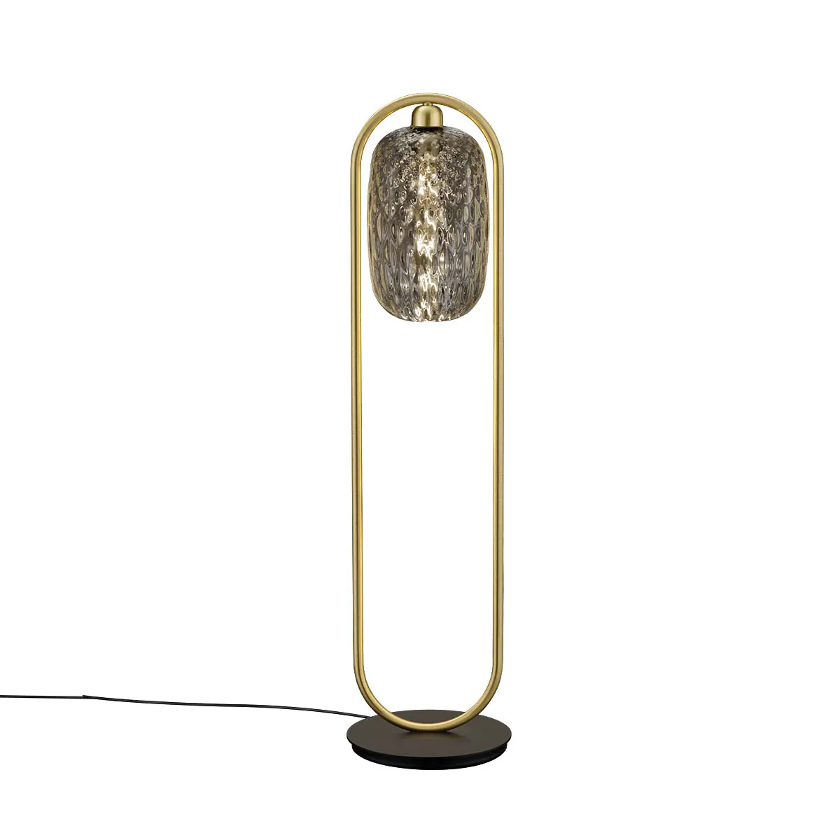 Elegante Stehleuchte in der Farbe messing mit Schirm aus Rauchglas Elegante Stehleuchte in der Farbe messing mit Schirm aus Rauchglas