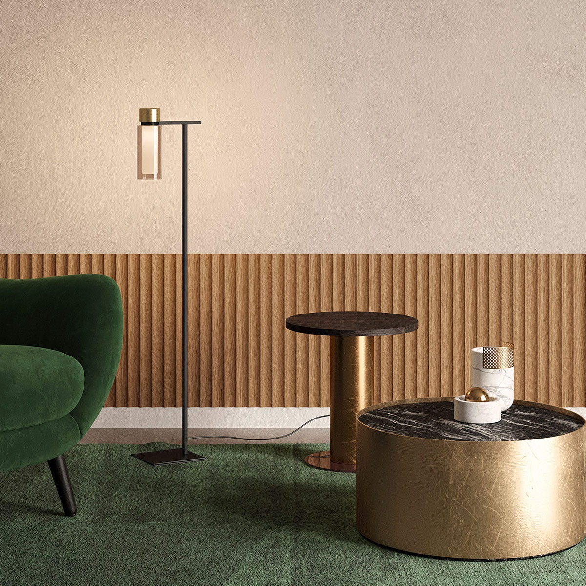 Osman 560.61 Stehleuchte H: 111 cm, Schwarz Matt / Messing & Klarglas Osman 560.61 Stehleuchte H: 111 cm, Schwarz Matt / Schwarz Chrom & Rauchglas