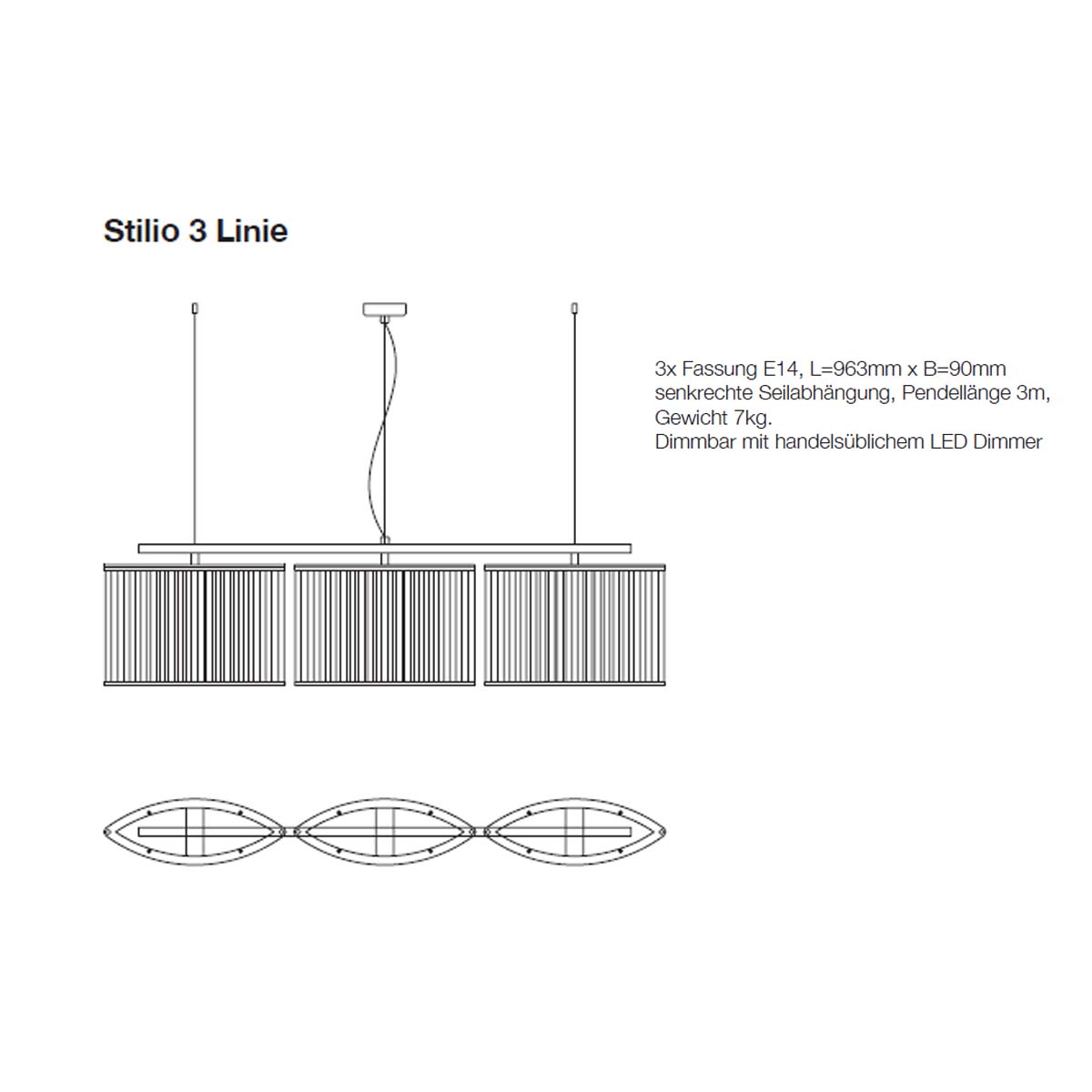 Stilio Pendelleuchte, L: 96,3 cm, Matt vernickelt & gebürstet, 3 Linie Stilio Pendelleuchte, L: 96,3 cm, Messing anlaufgeschützt, 3 Linie