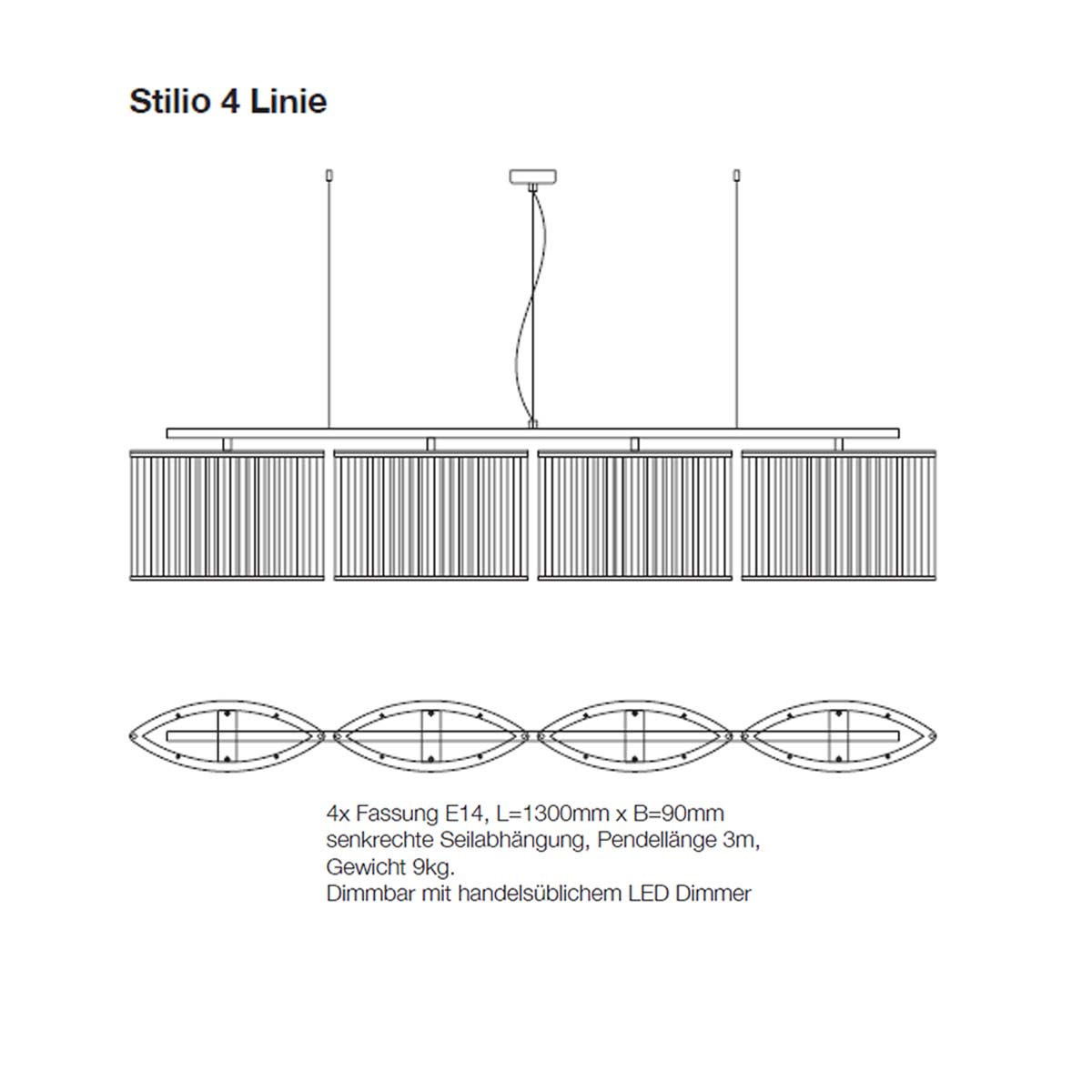 Stilio Pendelleuchte, L: 130 cm, Matt vernickelt & gebürstet, 4 Linie Stilio Pendelleuchte, L: 130 cm, Messing anlaufgeschützt, 4 Linie