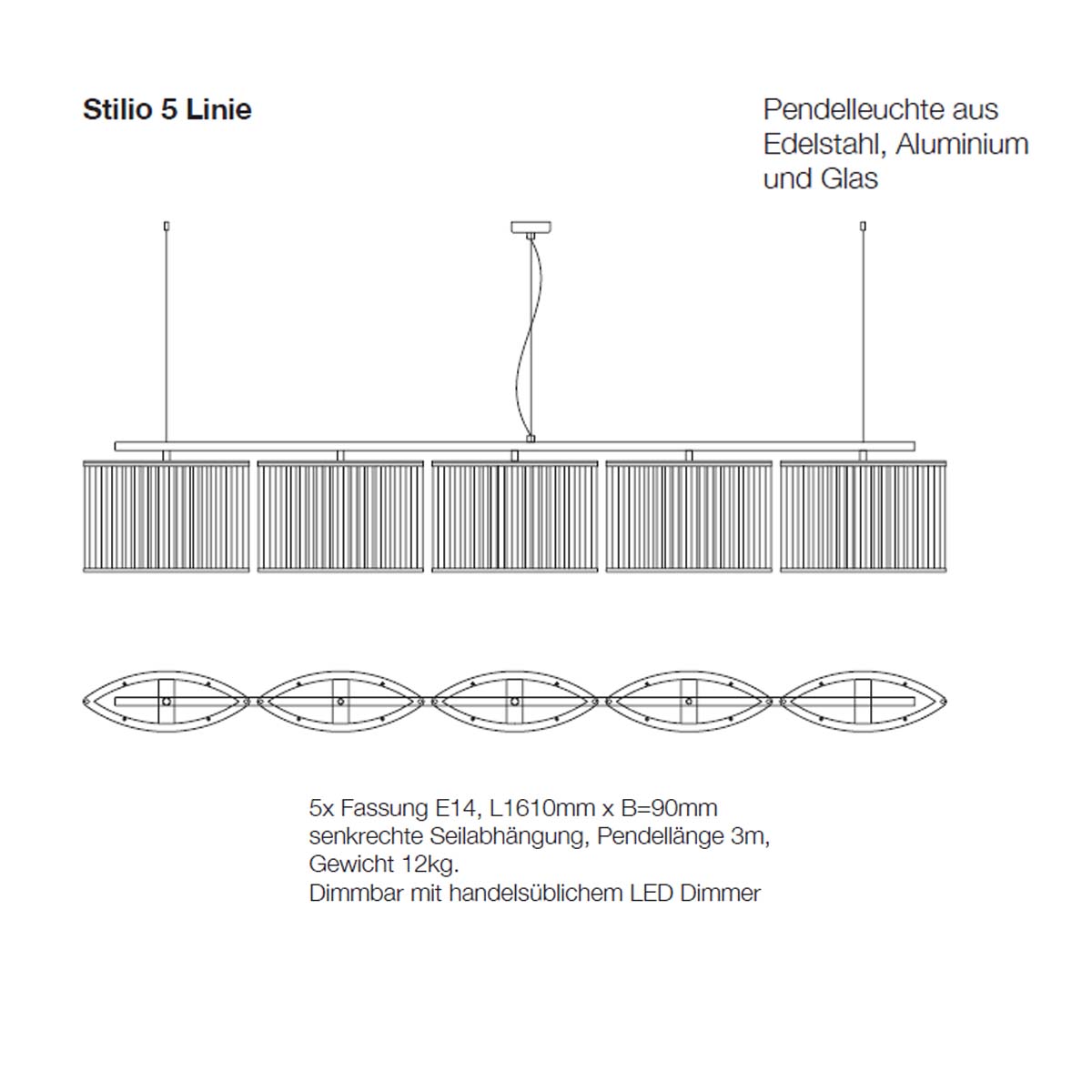 Stilio Pendelleuchte, L: 161 cm, Messing anlaufgeschützt, 5 Linie