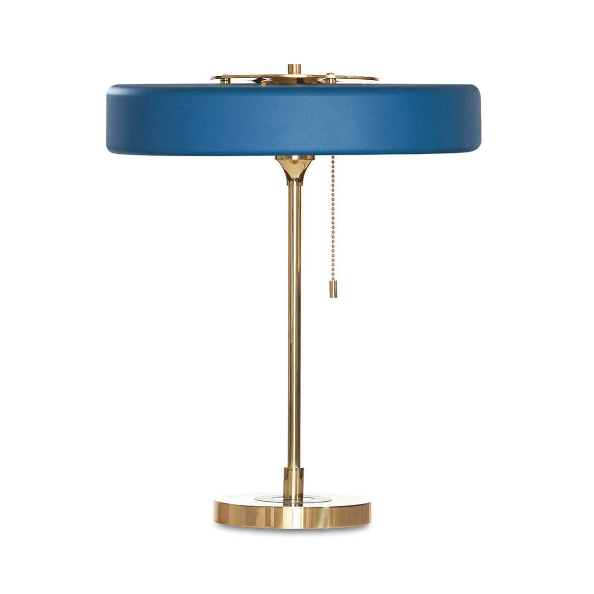 Perfekt für Nachttisch oder Schreibtisch: Bert Frank Revolve Tischlampe, H: 42 cm, Blau, Messing poliert aus poliertes Messing und metallische Oberfläche und Polycarbonat – blendfreies Licht