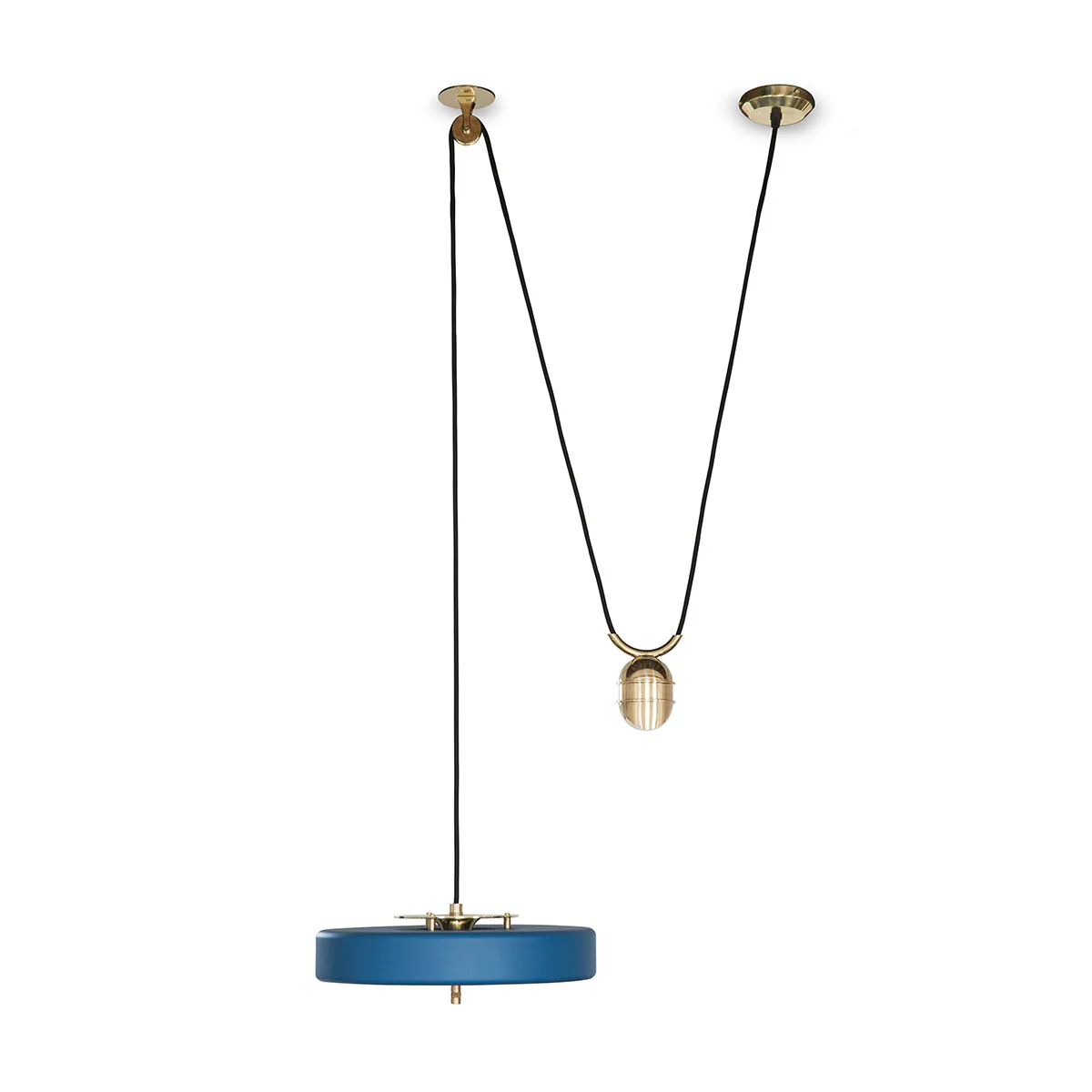 blendfreies Licht: Bert Frank Revolve Rise & Fall Hängeleuchte, Ø: 35 cm, Blau, Messing poliert – gefertigt aus poliertes Messing und Aluminium und Polycarbonat, handgefertigt, ikonische Revolve-Serie im Art Déco Stil