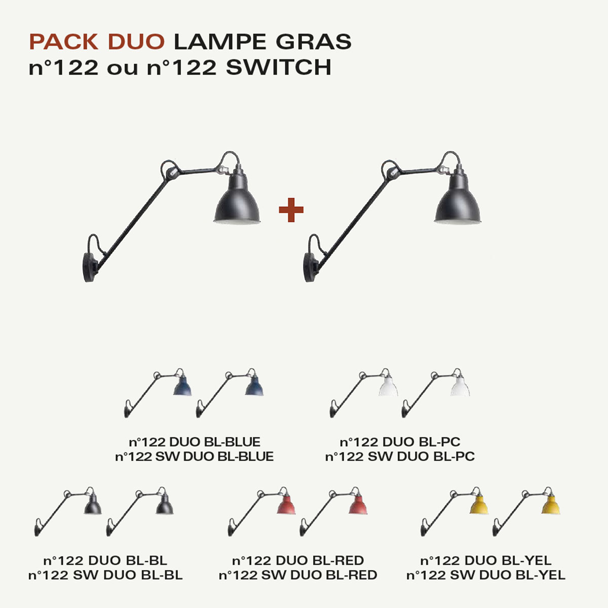 Spezial Angebot Pack Duo Lampe Gras N° 122 Wandleuchte Schwarz, Schirm Gelb ohne Schalter