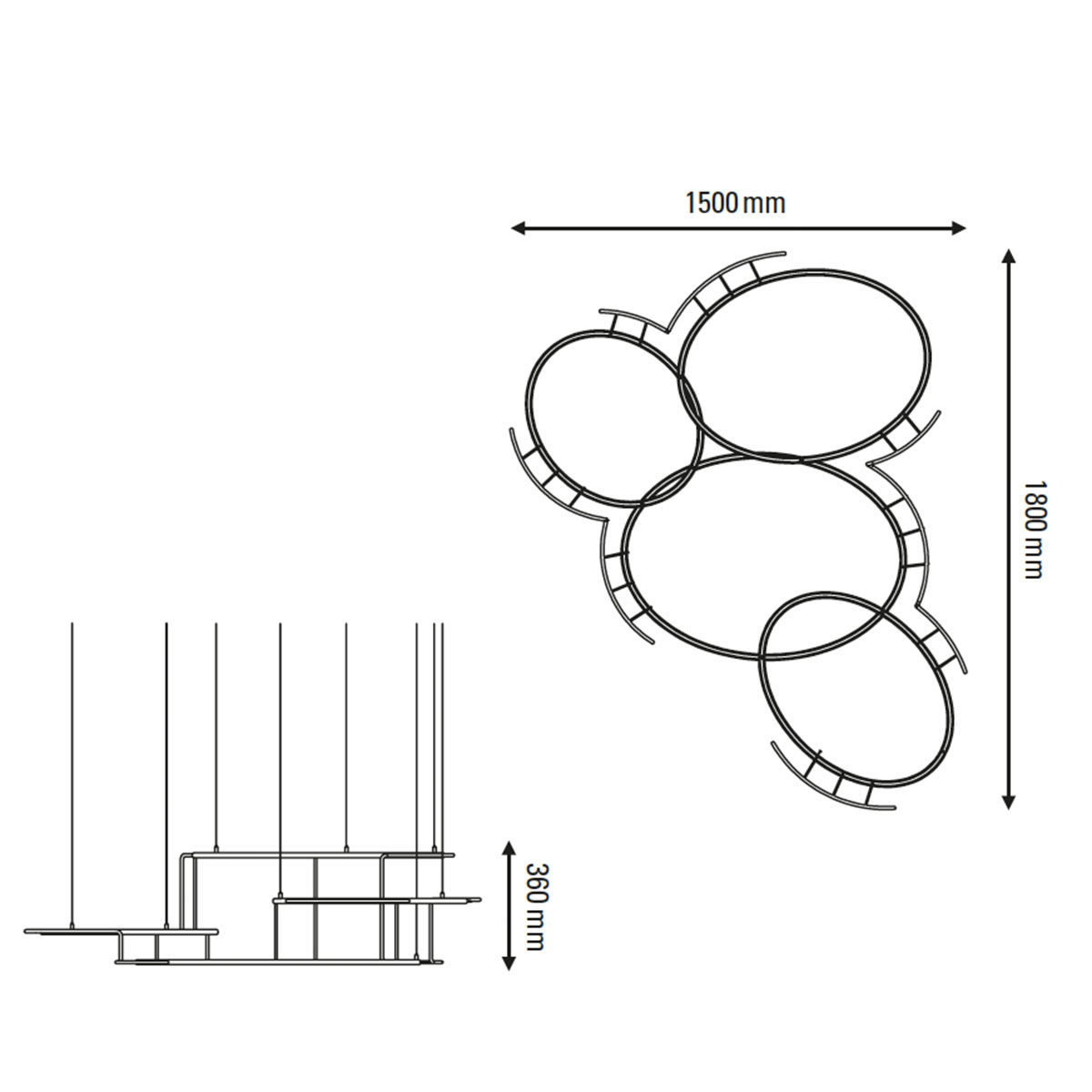 Technische Zeichnung DCW Editions Broche Pendelleuchte L, L: 150 cm, B: 180 cm