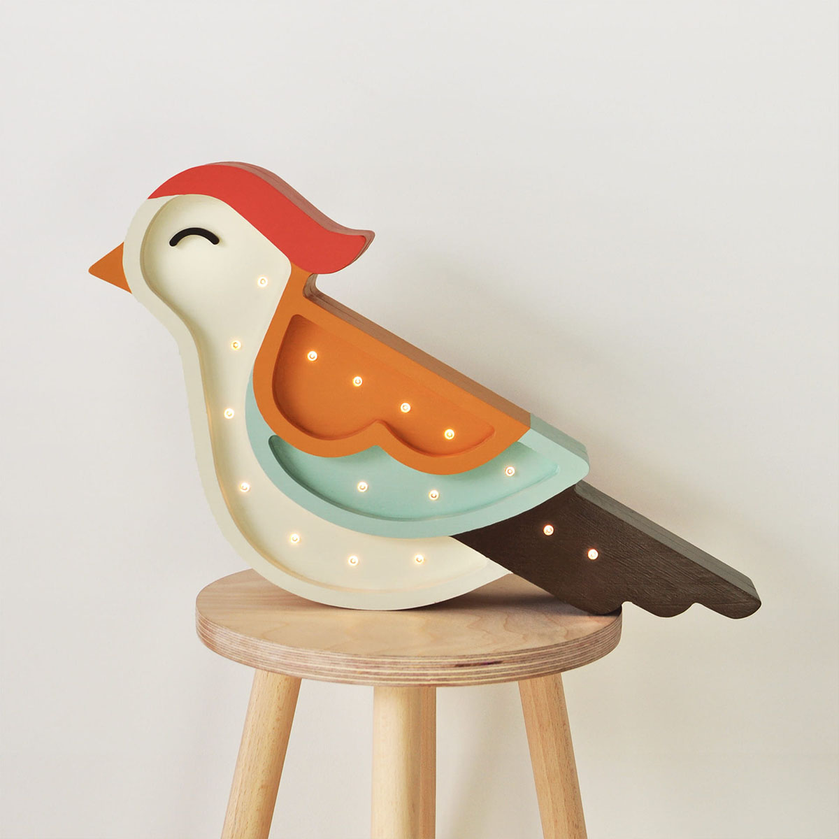 LED Kinderleuchte Vogel aus Holz, orange/ blau, handgemacht