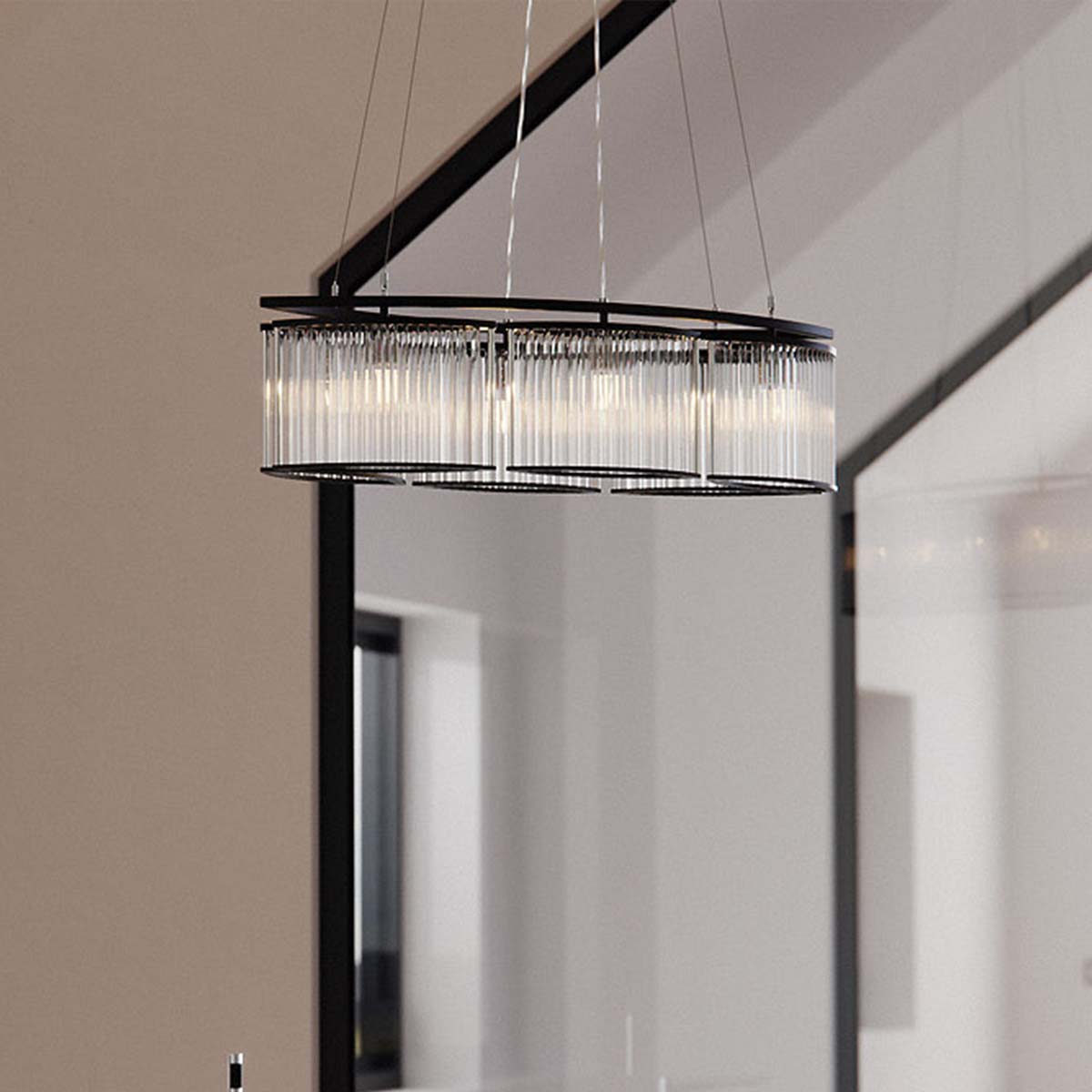 Licht im Raum Stilio Elegante ovale Pendelleuchte mit geschwungenen Glasschirmen und modernem Design Licht im Raum Stilio Elegante ovale Pendelleuchte mit geschwungenen Glasschirmen und modernem Design