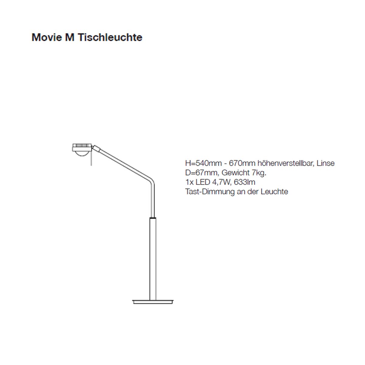 Movie M Tischleuchte, H: 54 - 67 cm höhenverstellbar, Verchromt Movie M Tischleuchte, H: 54 - 67 cm höhenverstellbar, Schwarz & Gold