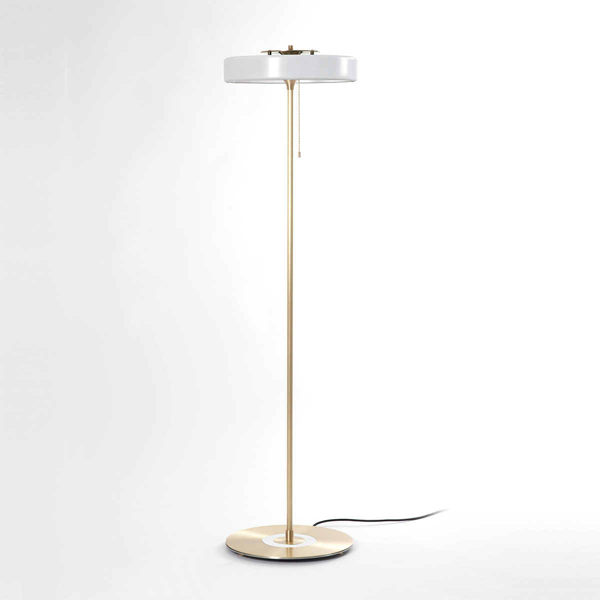 Bert Frank Revolve Stem Stehleuchte, H: 130 cm, Weiß, Messing poliert aus Messing und Aluminium und Polycarbonat – Designerleuchte aus England, blendfreies Licht, ikonische Revolve-Serie im Art Déco Stil