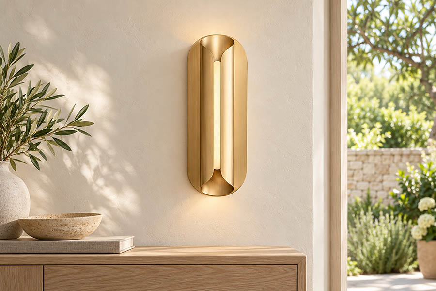 Goldene DCW éditions Rosalie Wandleuchte an einer hellen Wand neben einem Fenster mit Blick ins Grüne