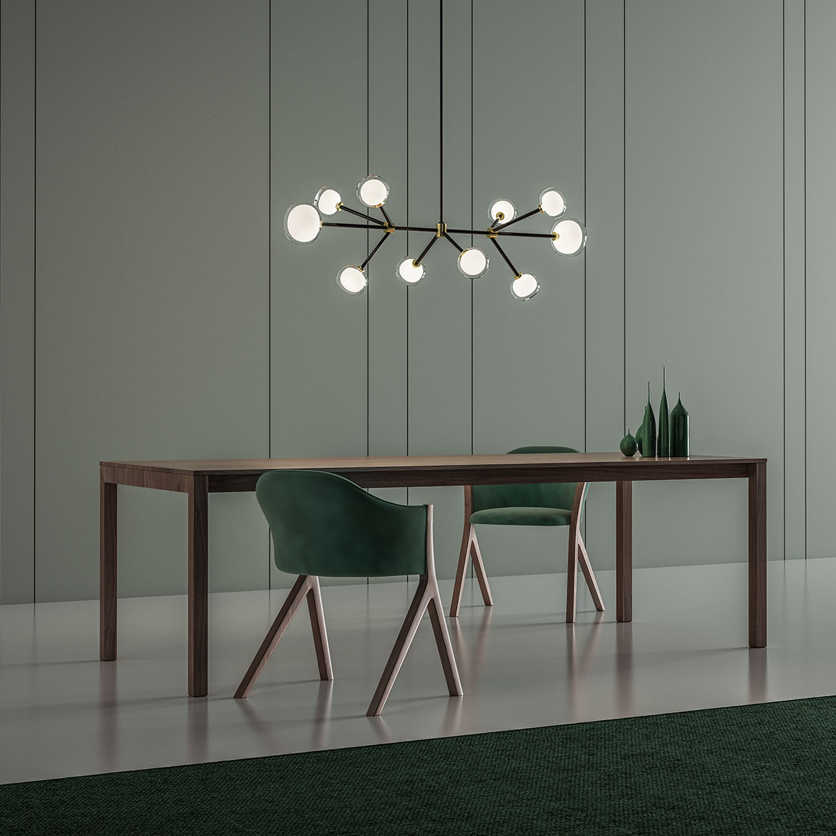Nabila 552.10 Pendelleuchte 10-flammig L: 130 cm, Schwarz Matt / Schwarz Chrom & Rauchglas