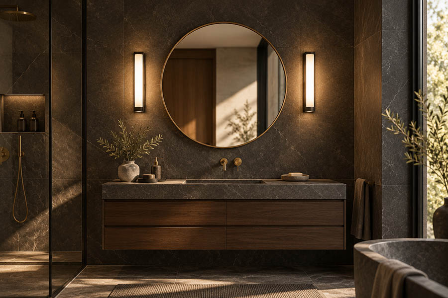 Badezimmer mit schwarzen Wandleuchten am Spiegel