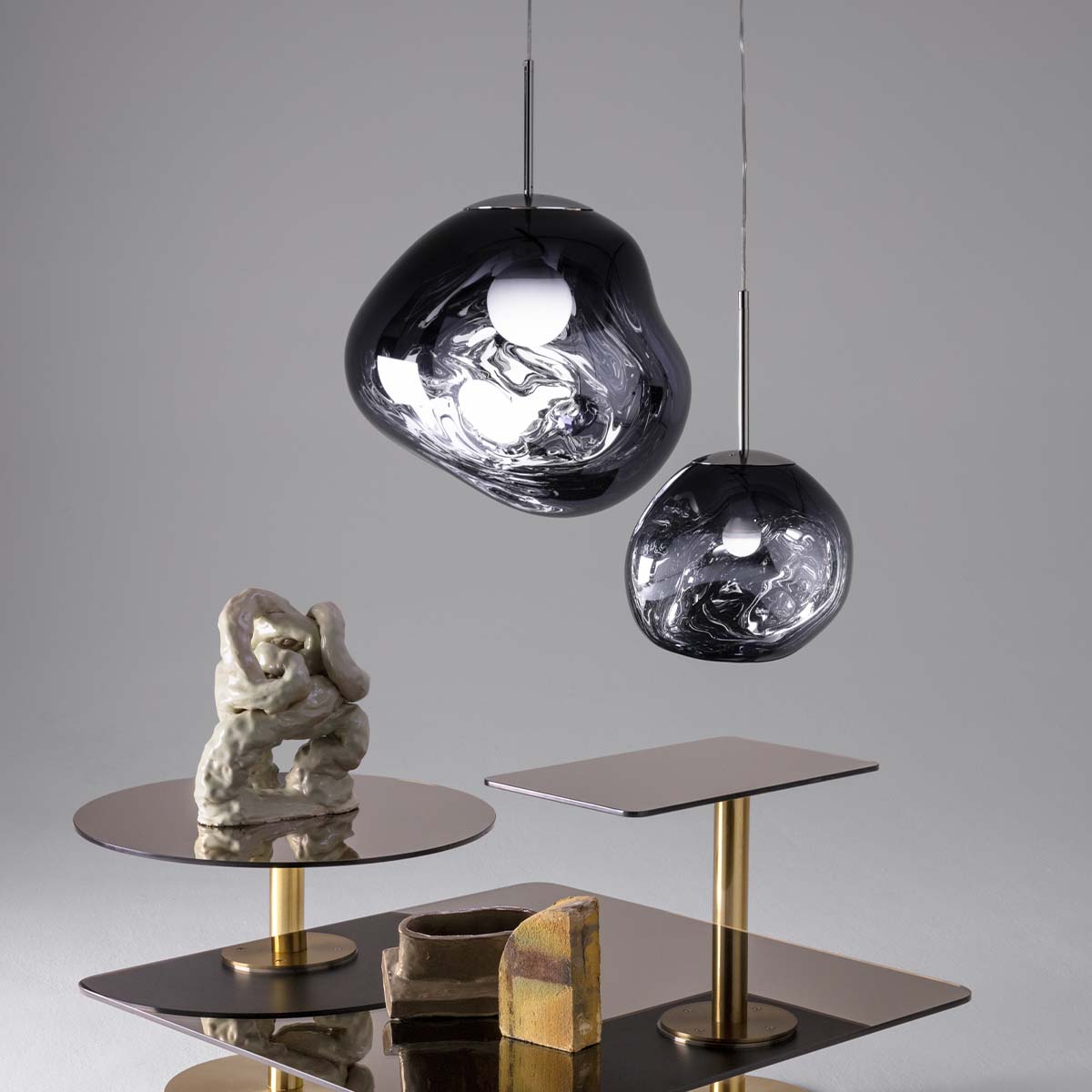 Tom Dixon Melt Mini LED Pendelleuchte, Silber, Ø: 28 cm, LED Tom Dixon Melt ES Pendelleuchte, Opal, Silber, Ø: 50 cm, Retrofit