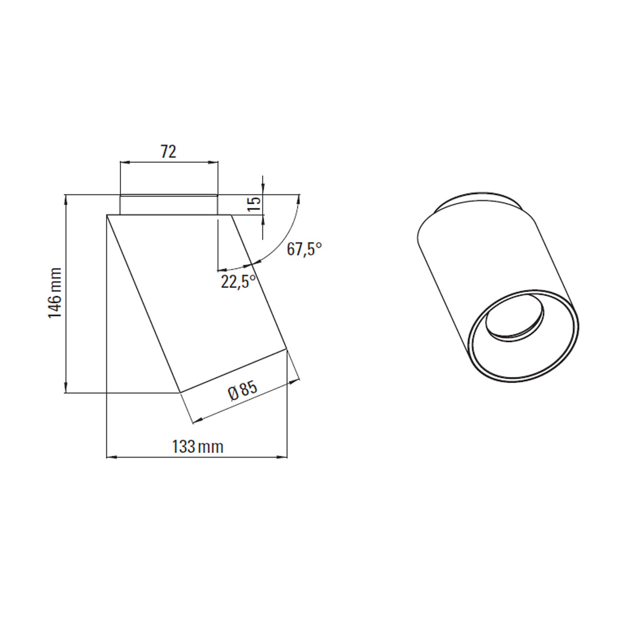 Technische Zeichnung DCW Editions Tobo C85 Diag Deckenleuchte, Ø: 8,5 cm, H: 14,6 cm Schwarz