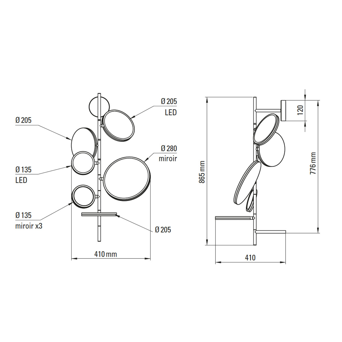 Technische Zeichnung DCW Editions Tell me Stories Bad Wandleuchte mit Spiegel IP44 Schwarz