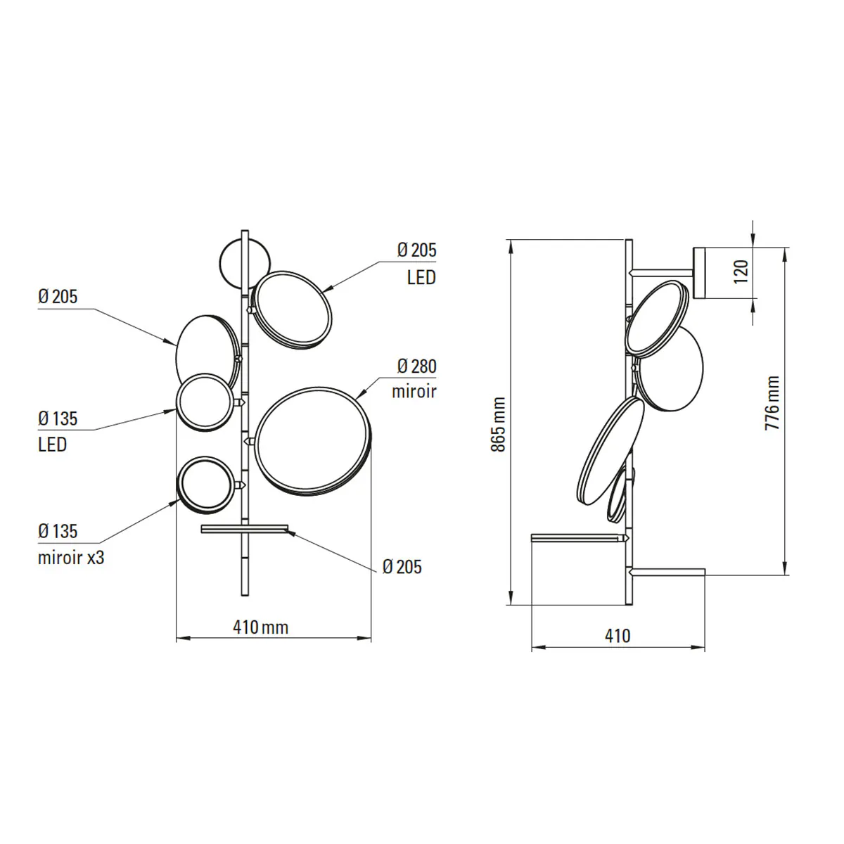 Technische Zeichnung DCW Editions Tell me Stories Bad Wandleuchte mit Spiegel IP44 Schwarz