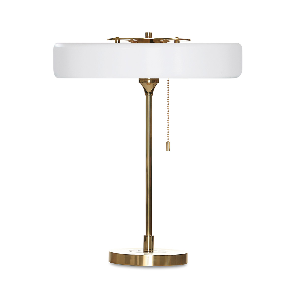 Luxusleuchten aus Großbritannien: Bert Frank Revolve Tischleuchte, H: 42 cm, Weiß, Messing gebürstet, Messing und metallische Oberfläche und Polycarbonat, Designerleuchte aus England, blendfreies Licht, ikonische Revolve-Serie im Art Déco Stil Luxusleuchten aus Großbritannien: Bert Frank Revolve Tischlampe, H: 42 cm, Weiß, Messing poliert, goldfarbene Oberfläche und gebürstetes Aluminium und Polycarbonat, britische Luxusleuchte, sanftes Licht, ikonische Revolve-Serie im Art Déco Stil