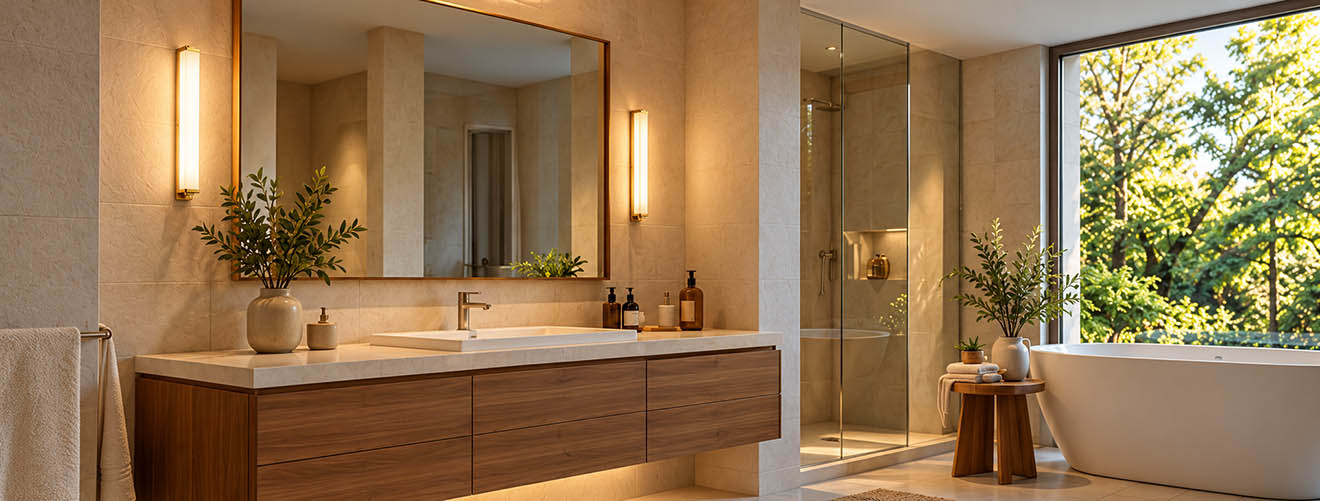 Badezimmer mit Walnuss-Waschtisch, goldfarbenen Spiegelleuchten und freistehender Badewanne