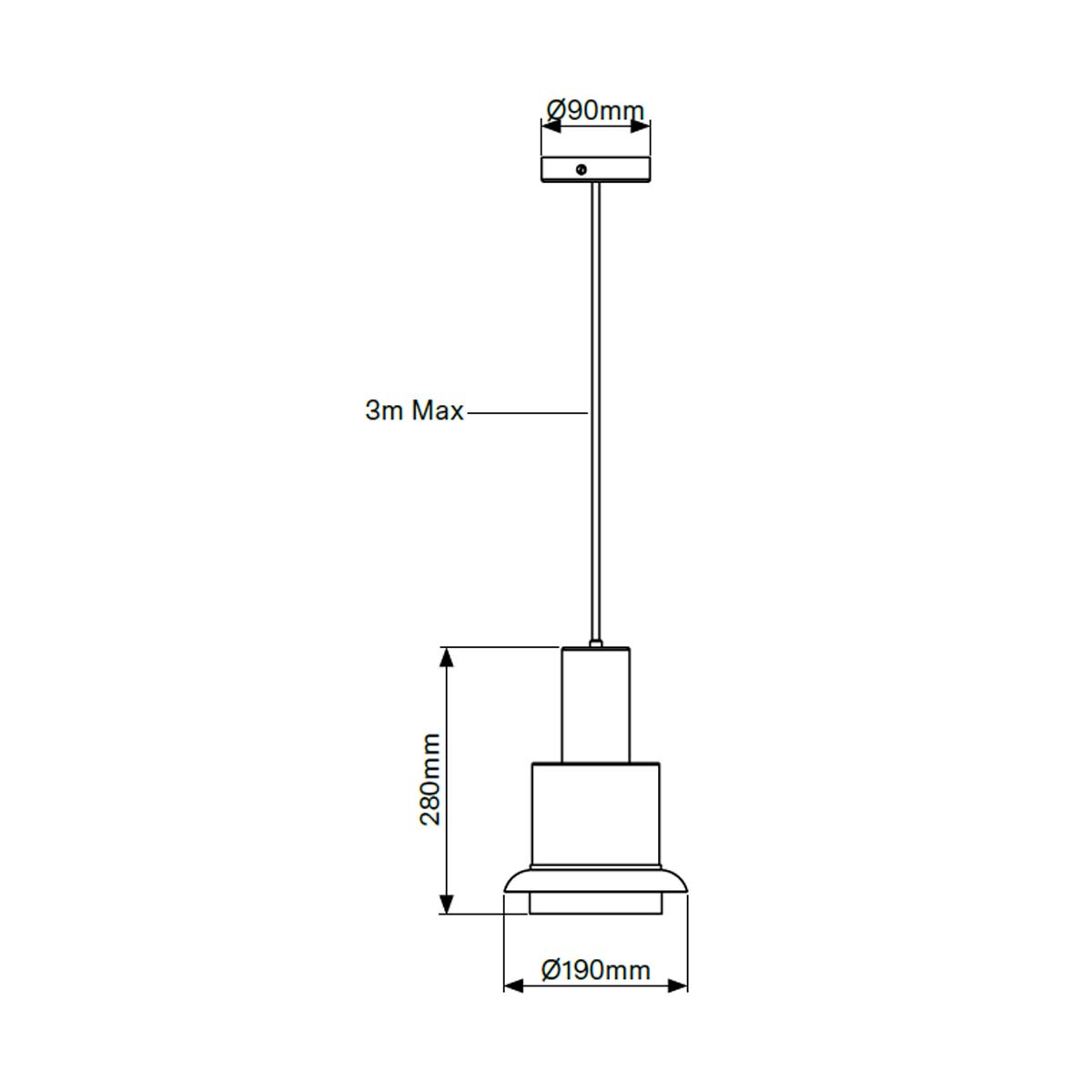 DCW Editions Chaumont 190 technische Zeichnung – Maßskizze der Pendelleuchte mit Ø190 mm, Höhe 280 mm und maximaler Kabellänge von 3 m, inklusive runder Deckenrosette (Ø90 mm). DCW Editions Chaumont 190 technische Zeichnung – Maßskizze der Pendelleuchte mit Ø190 mm, Höhe 280 mm und maximaler Kabellänge von 3 m, inklusive runder Deckenrosette (Ø90 mm).