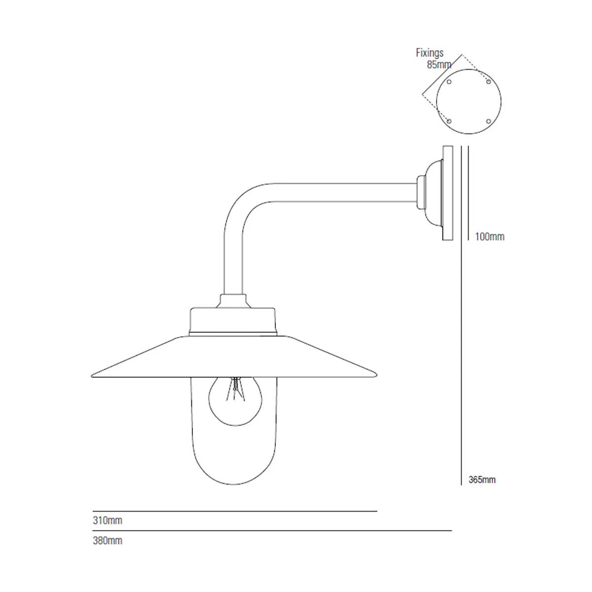 Original BTC Bracket Light 7680 Wandleuchte, H: 25,5 cm, Ø: 31 cm Verzinktes Silber Mattglas Standard