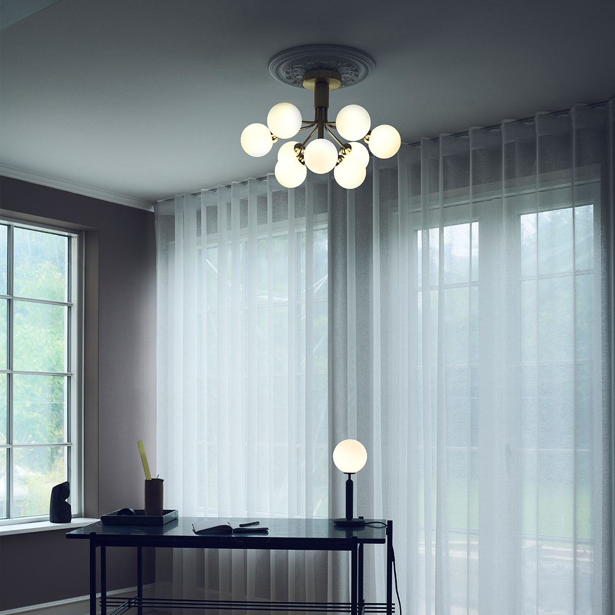 Apiales 9 Deckenleuchte, Ø: 59,5 cm, Schwarz satiniert & Rauchglas