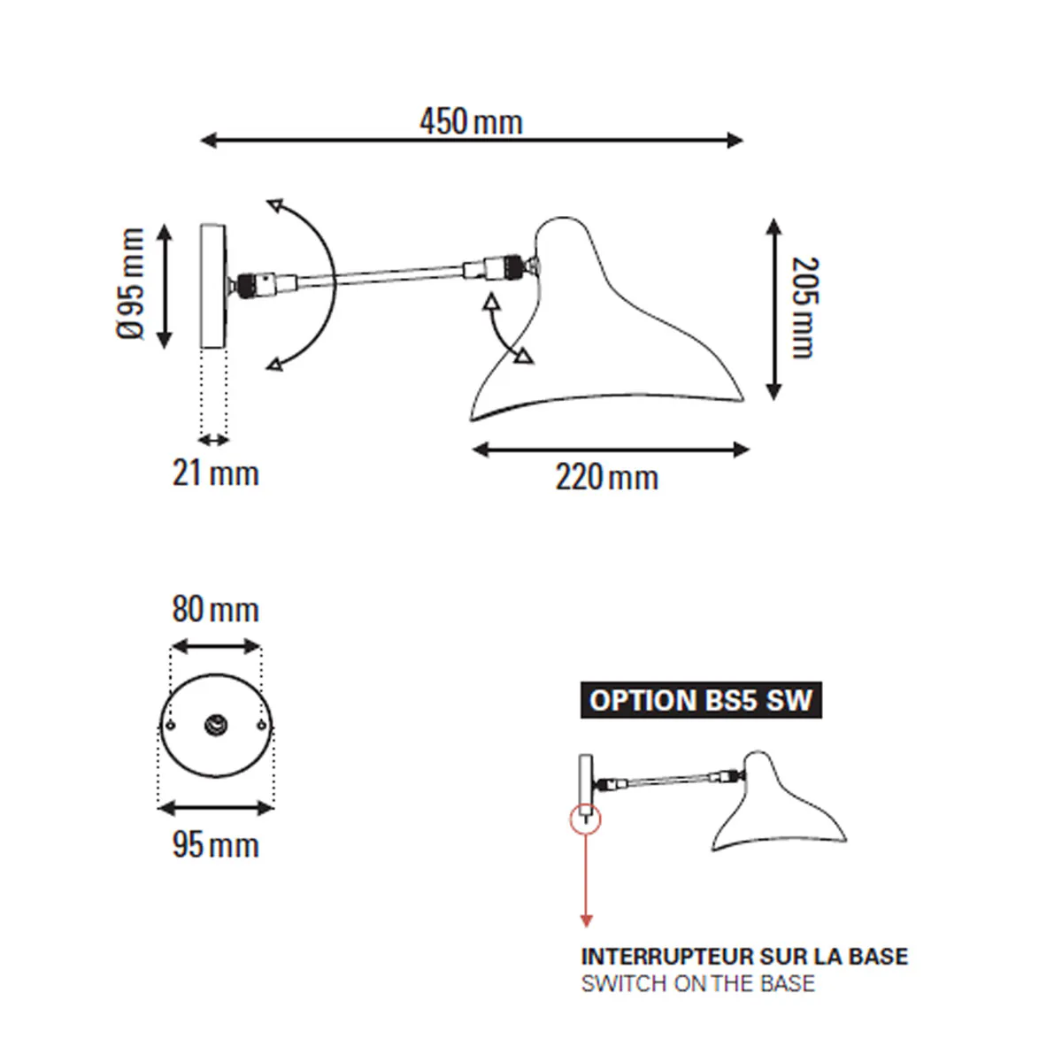 Technische Zeichnung DCW Editions Mantis BS5 Wandleuchte T: 45 cm