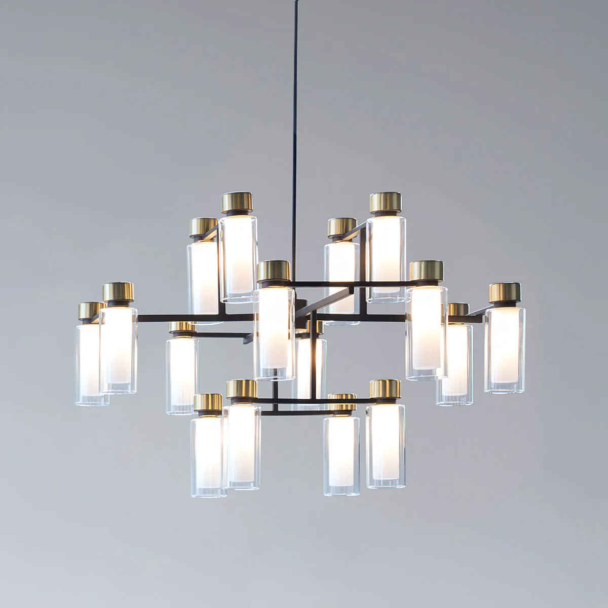 Osman 560.16 Pendelleuchte 16-flammig Ø: 90 cm, Schwarz Matt / Messing & Klarglas