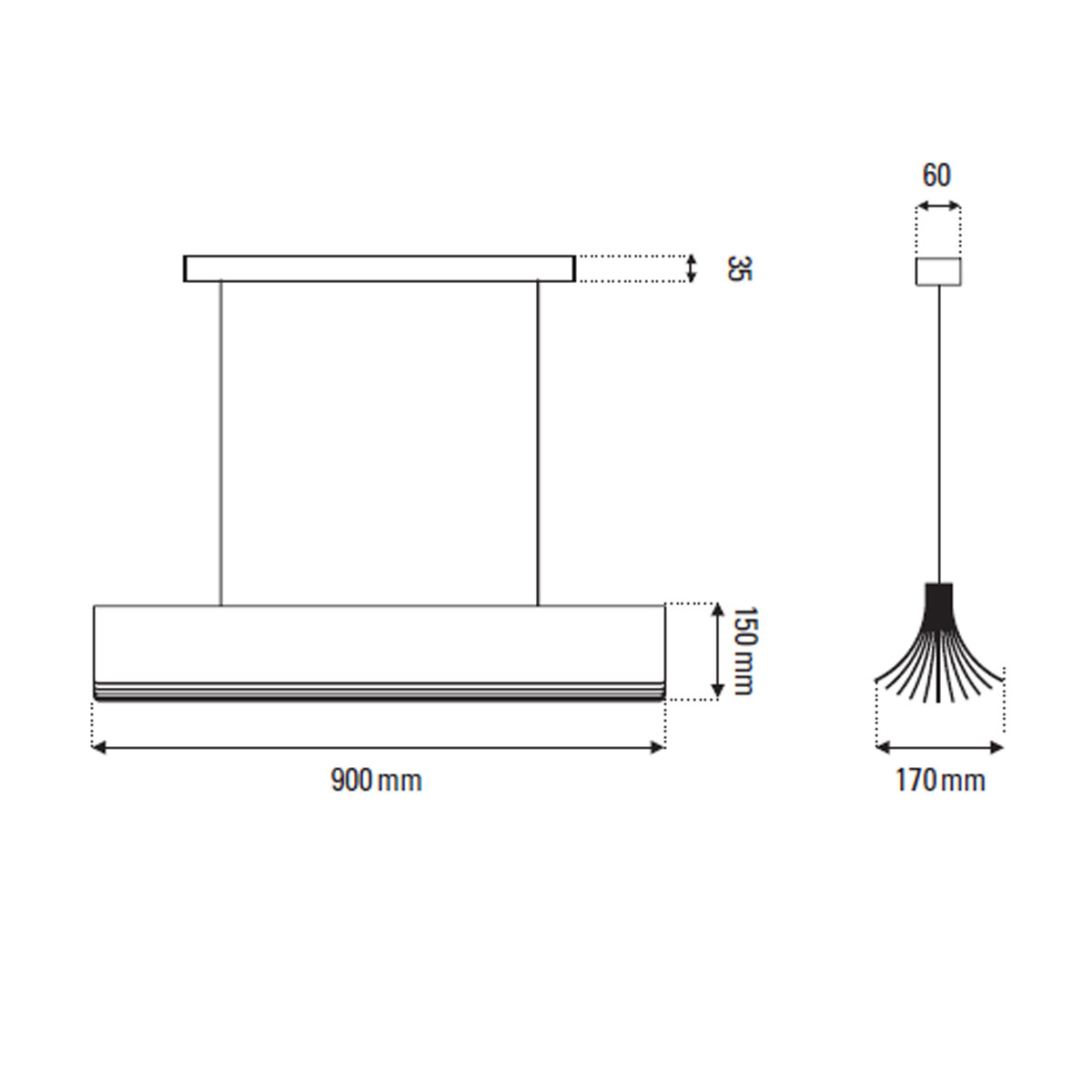 Technische Zeichnung DCW Editions Respiro 900 Pendelleuchte Weiß & Gold L: 90 cm